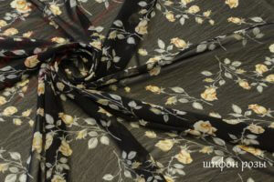 Ткань для пляжного платья Шифон «Розы» цвет черный
